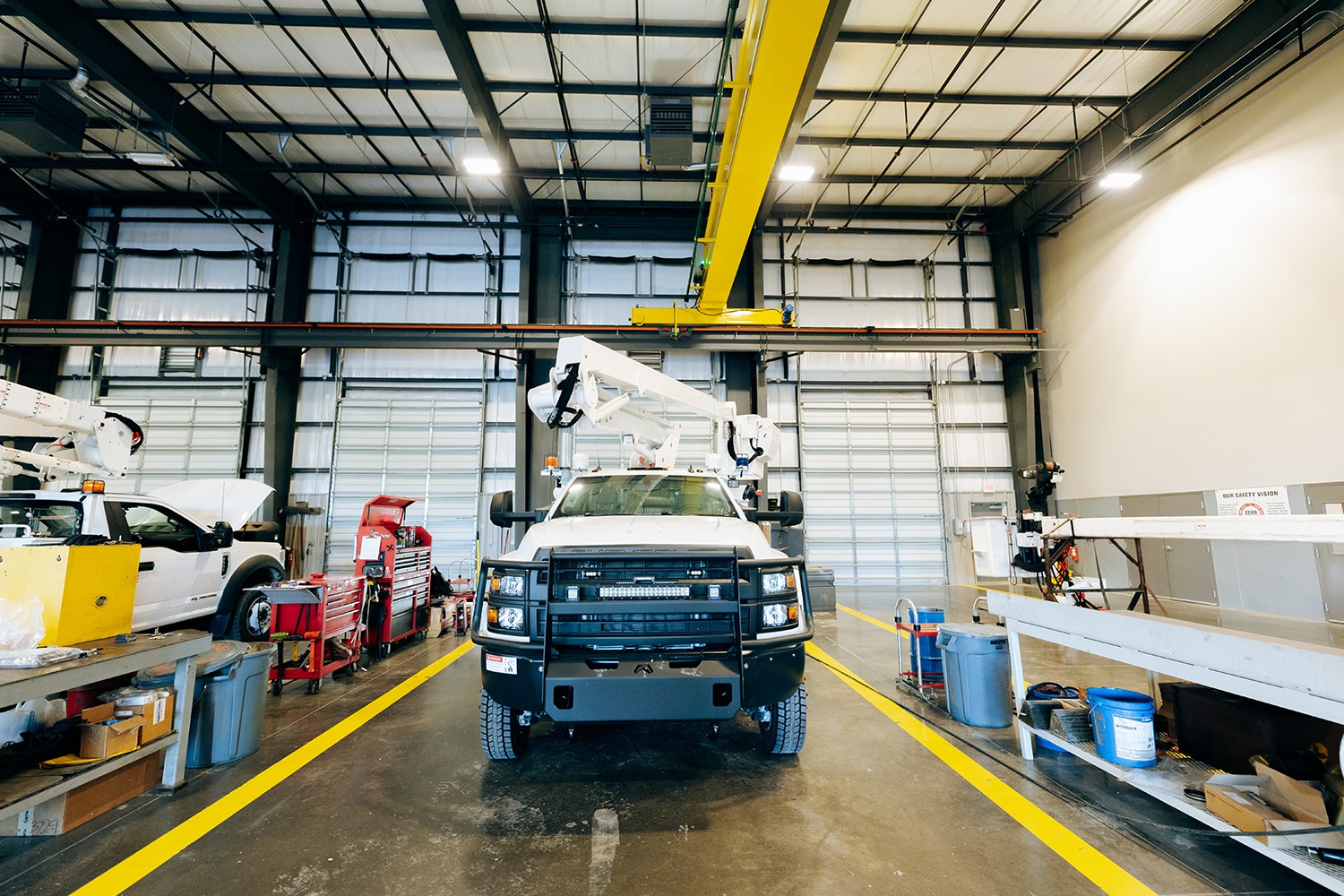 Bucket truck in Terex Services service bay