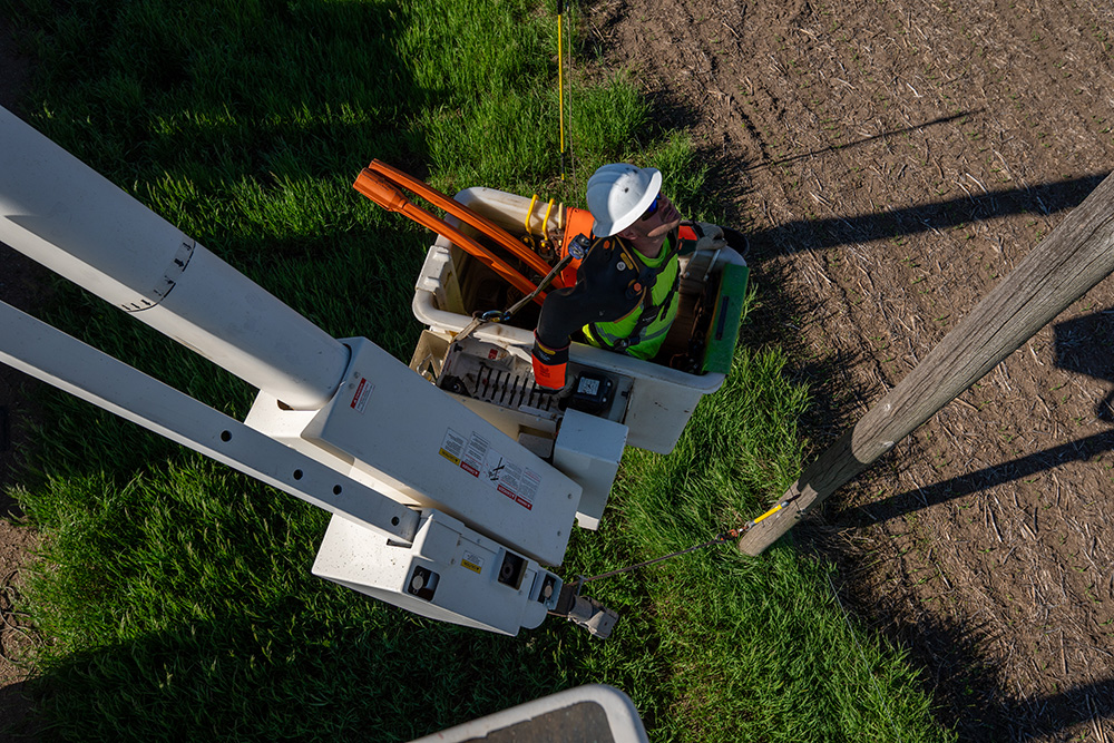 Lineworker in a Terex Bucket Truck